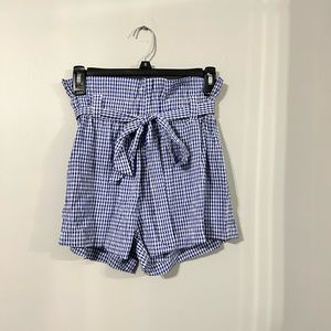 Blue and white checkered shorts with removable tie, size small